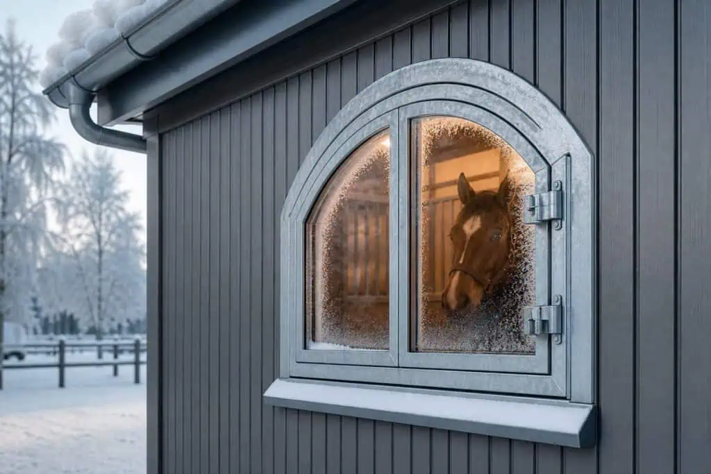 Stallfönster i vinterkyla med frost på glaset och varm stallinteriör – bruten köldbrygga